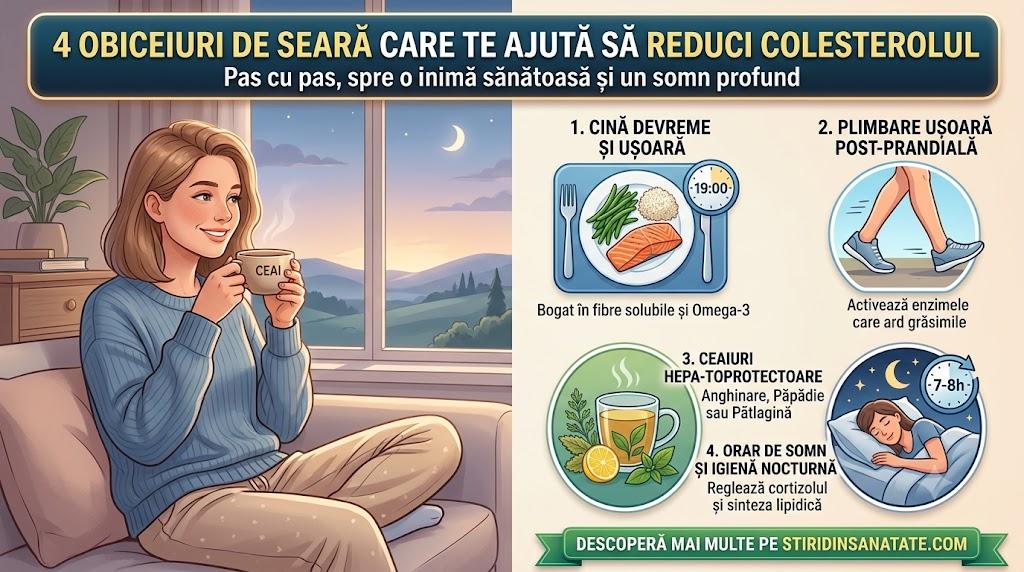 Infografic cu 4 obiceiuri de seară ce te ajută să reduci colesterolul mărit natural.