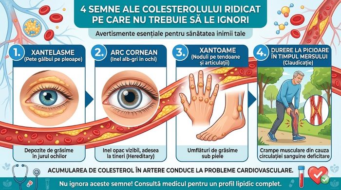 Infografic medical cu 4 semne vizibile ale colesterolului ridicat: ochi, piele, durere picioare.