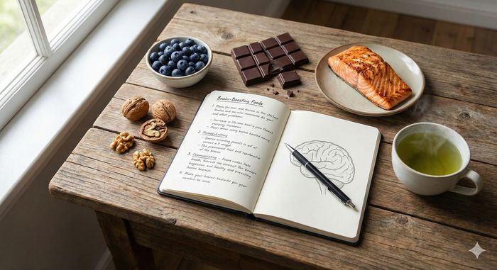 O compoziție pe un birou de lemn care ilustrează cele 5 alimente esențiale pentru concentrare și memorie discutate în articol: un bol cu afine, câteva nuci, o bucată de somon la grătar, ciocolată neagră și o cană de ceai verde, așezate lângă un jurnal deschis cu schița unui creier uman și notițe despre nutriția cerebrală.
