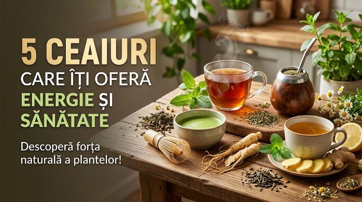 Căni cu ceaiuri energizante naturale, matcha, yerba mate, ginseng și ghimbir.