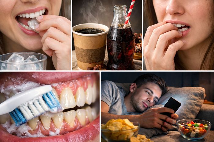 Colaj 5 obiceiuri ce distrug dinții: spart gheață, sucuri, ros unghii, periaj dur, dulciuri.