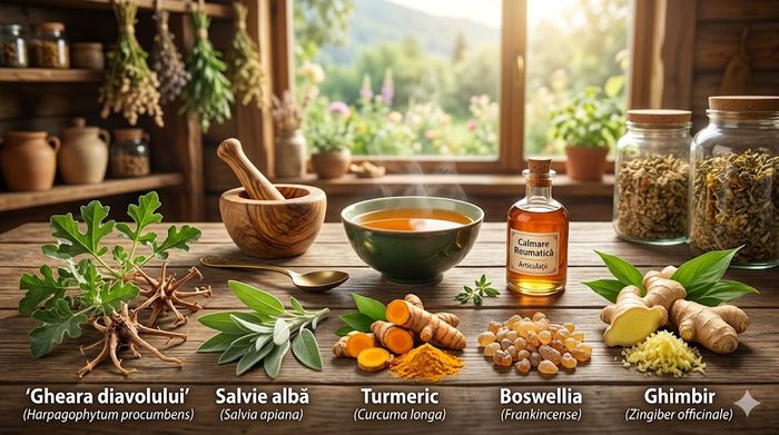 5 plante medicinale pe o masă de lemn, ideale pentru calmarea durerilor reumatice.