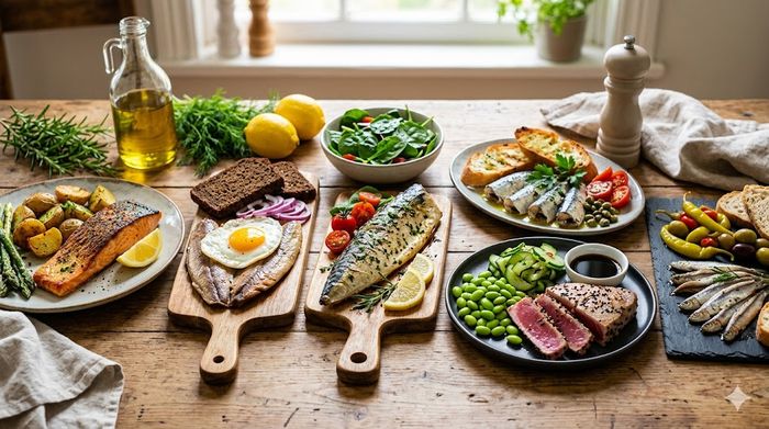 6 tipuri de pește bogat în vitamina D, preparați sănătos, pe o masă alături de legume proaspete.