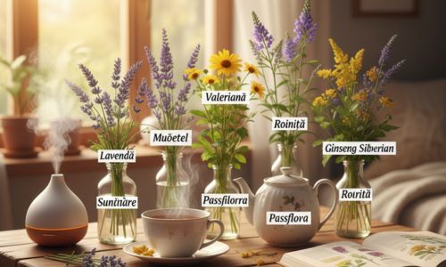 Pe o masă de lemn, într-un cadru luminos și primitor, sunt aranjate flori de lavandă, mușețel, valeriană, roiniță, sunătoare, ginseng siberian și passiflora, fiecare în vaze separate. Alături de ele, o ceașcă de ceai aburind, un difuzor de aromaterapie cu aburi fini și o carte deschisă despre plante medicinale, simbolizând beneficiile acestor plante pentru reducerea stresului și anxietății.