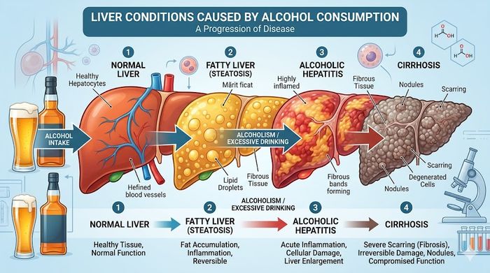 Stadiile bolilor hepatice cauzate de alcool: ficat sănătos, steatoză, hepatită și ciroză.