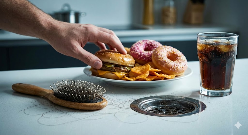 ALT Text (Descriere):  Imagine conceptuală care ilustrează legătura dintre o dietă nesănătoasă și căderea părului. O mână bărbătească se întinde după o farfurie cu fast-food (hamburger, cartofi prăjiți, gogoși) și un pahar cu suc acidulat pe un blat de bucătărie. În prim-plan, o perie de păr și o scurgere de chiuvetă sunt pline de fire de păr căzute, sugerând consecințele alimentației necorespunzătoare asupra sănătății capilare.