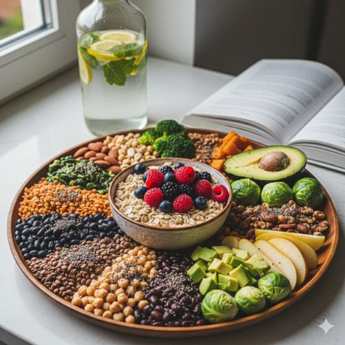 O tavă de lemn plină cu diverse alimente bogate în fibre: ovăz cu fructe de pădure, leguminoase (linte, năut, fasole neagră), nuci, semințe de chia și in, broccoli, varză de Bruxelles, avocado și felii de măr, alături de o sticlă cu apă și lămâie.