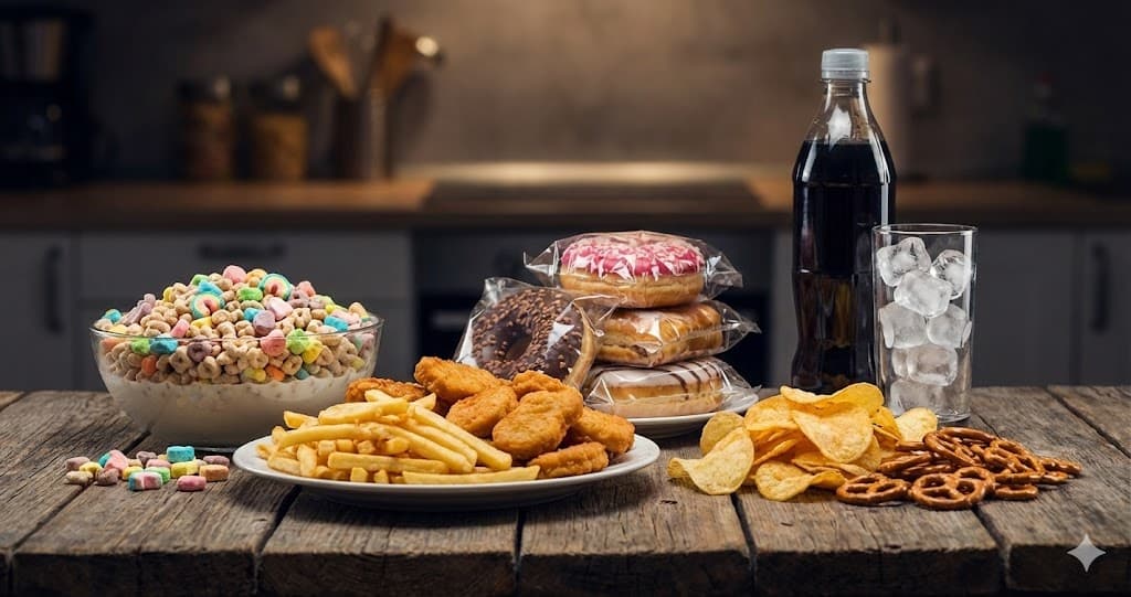 Alimente procesate și nesănătoase pe o masă: fast food, gogoși, cereale cu zahăr, chipsuri și suc acidulat.