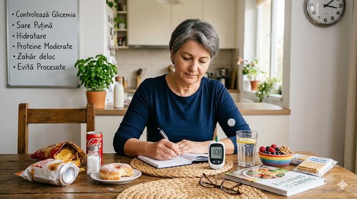 Femeie cu diabet și glucometru, evaluând alimente nocive pentru rinichi.