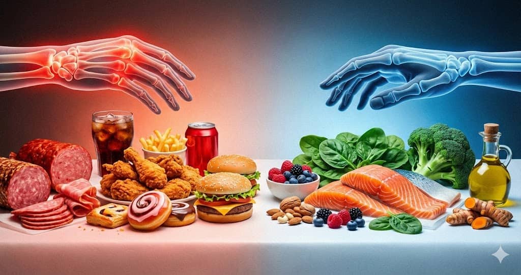 Alimente care cresc inflamația articulară vs dietă antiinflamatoare pentru sănătatea articulațiilor.