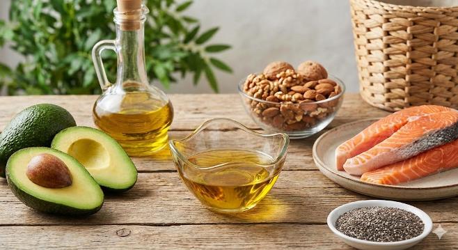 O selecție variată de alimente naturale sănătoase, aranjate pe o masă rustică din lemn, cunoscute pentru capacitatea lor de a crește colesterolul bun (HDL). Imaginea include avocado proaspăt (întreg și tăiat), ulei de măsline extravirgin într-o sticlă și un bol mic, un bol cu amestec de nuci și migdale, fileuri crude de somon și un bol mic cu semințe de chia.