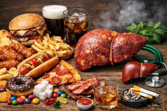 Comparație ficat sănătos și bolnav, înconjurați de mâncare fast-food, zahăr, alcool și țigări.