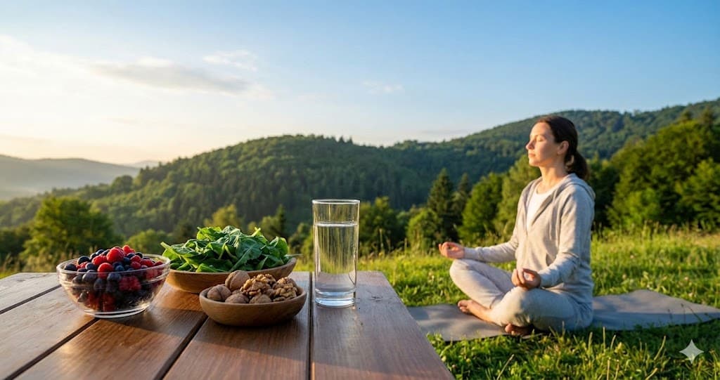 Femeie făcând exerciții de respirație lângă alimente care susțin sănătatea plămânilor.