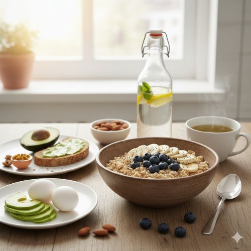 O masă echilibrată, plină de energie, cu un bol de fulgi de ovăz cu fructe de pădure și banane, ouă fierte, avocado pe pâine integrală, migdale, un ceai fierbinte și o sticlă cu apă și lămâie, așezate pe o masă din lemn lângă o fereastră luminoasă.