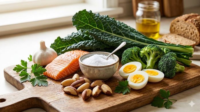 Alimente sănătoase pentru tiroidă: somon, ouă, sare iodată, nuci braziliene și legume verzi.