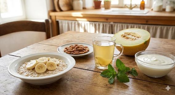 O masă rustică din lemn aranjată cu diverse alimente recomandate pentru calmarea arsurilor gastrice: un bol cu ovăz și felii de banană, o farfurie mică cu migdale, un pahar cu ceai de ghimbir, o jumătate de pepene galben și un bol cu iaurt. Un fir de mentă proaspătă este vizibil lângă ceai, iar fundalul este o bucătărie luminoasă.