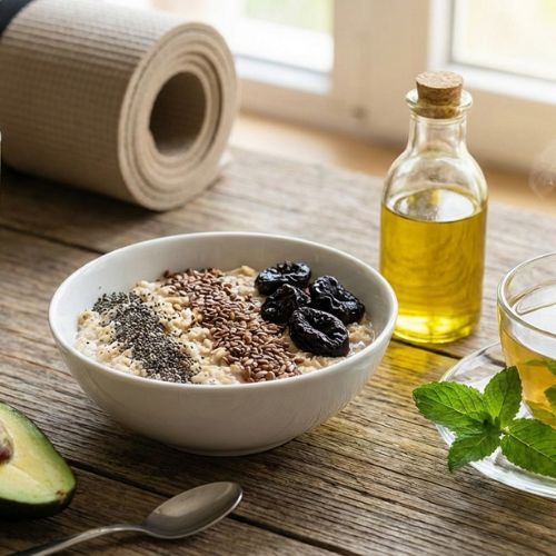 O masă cu remedii naturale pentru constipație: bol cu ovăz, semințe de in și prune uscate, apă cu lămâie, ceai de mentă, avocado, ulei de măsline și un covoraș de yoga în fundal.