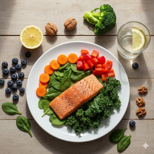 Farfurie cu somon, spanac, varză kale, morcovi și ardei gras, alături de nuci, afine și un pahar cu apă.