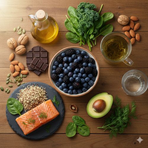 O compoziție flat lay cu alimente sănătoase pentru creier: somon, afine, mure, nuci, migdale, semințe de dovleac, kale, spanac, quinoa, avocado, ciocolată neagră, ulei de măsline, ceai verde și un pahar cu apă, aranjate pe o masă din lemn.