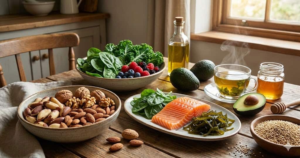 Alimente bogate în iod și seleniu pentru sănătatea tiroidei: pește, nuci și legume verzi.