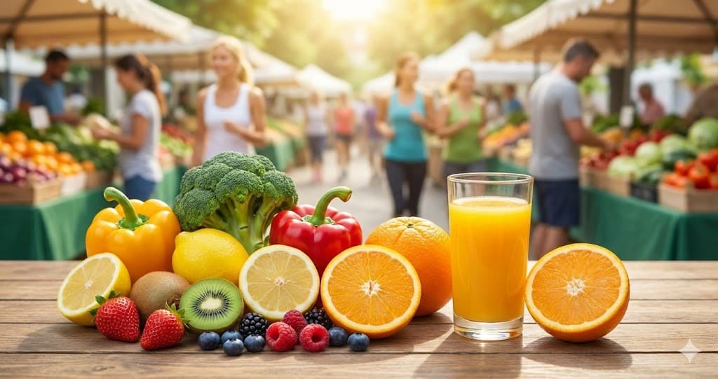 Fructe și legume proaspete bogate în Vitamina C și suc natural pe o masă într-o piață.