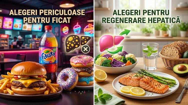 Doua poza, una cu alimente benefice pentru ficat gras si una cu alimente care nu sunt recomandate.