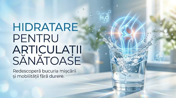 Pahar cu apă și grafică 3D a articulației genunchiului pentru hidratare și mobilitate