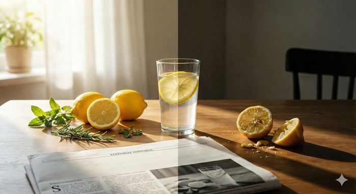 Pahar cu apă și felii de lămâie pe o masă de lemn, încadrat de lămâi proaspete și mentă, ilustrând conceptul de consum de apă cu lămâie pe stomacul gol pentru beneficii și detoxifiere.