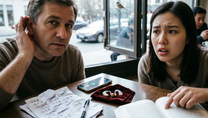 Bărbat și femeie la masă cu un aparat auditiv și o hârtie bilingvă.