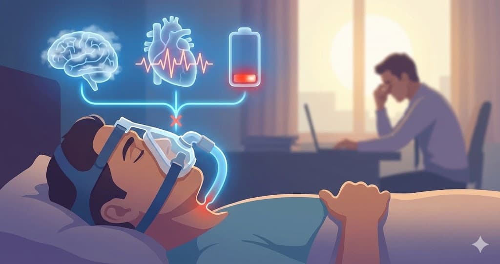 Ilustrație a unui bărbat cu mască CPAP, arătând impactul apneei asupra creierului, inimii și energiei zilnice.