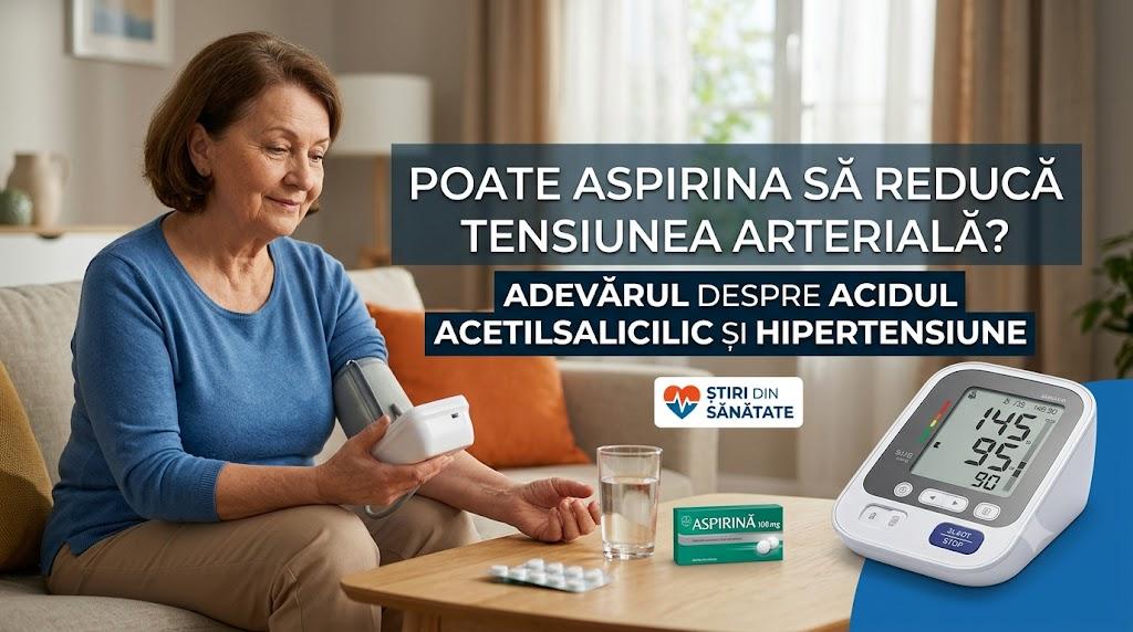 Femeie în vârstă își măsoară tensiunea arterială acasă. Lângă ea se află o folie de aspirină.