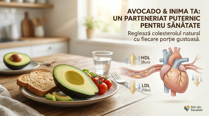 Avocado pe o farfurie și o infografică cu efectul său asupra colesterolului