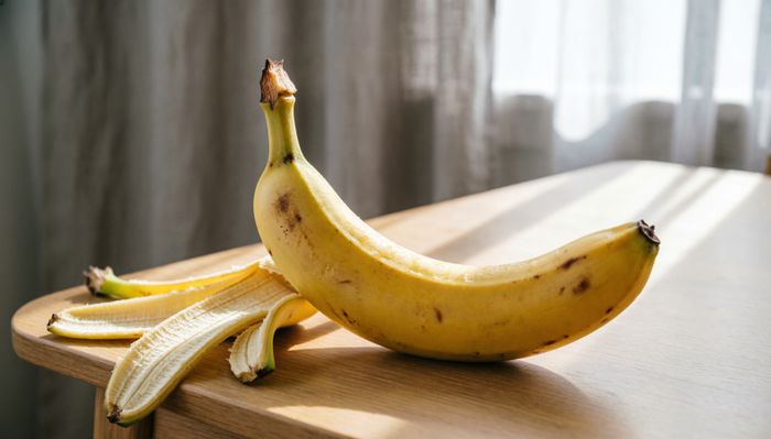 Banană proaspătă, parțial decojită pe o masă din lemn, ideală pentru o gustare zilnică sănătoasă.