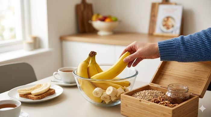 Banane proaspete pe o masă din lemn lângă o inimă stilizată roșie, simbolizând sănătatea cardiovasculară.