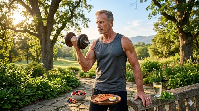 Bărbat fit ridicând ganteră într-un parc, înconjurat de alimente sănătoase pentru masă musculară.