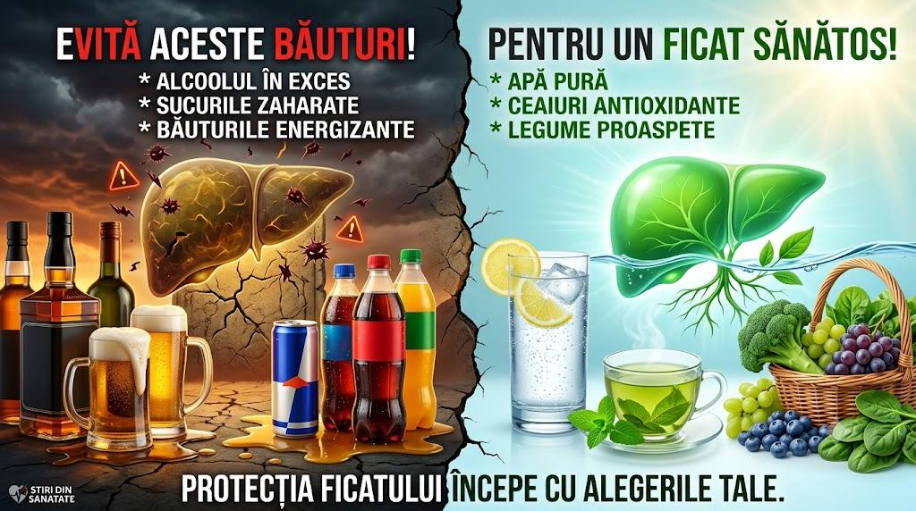 Infografic cu băuturi periculoase pentru ficat versus opțiuni sănătoase și de prevenție.