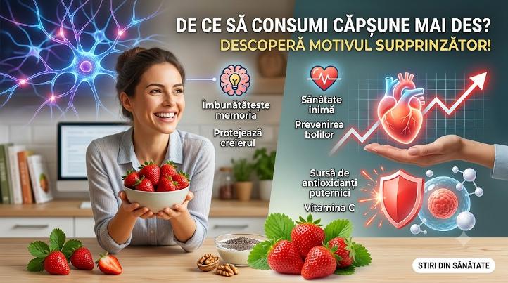 Femeie zâmbitoare cu un bol de căpșune proaspete și infografic despre beneficiile pentru creier și inimă.