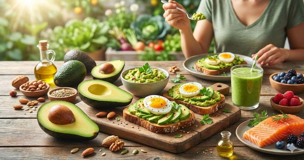 Mic dejun sănătos cu avocado proaspăt, toast și smoothie verde pe masă.