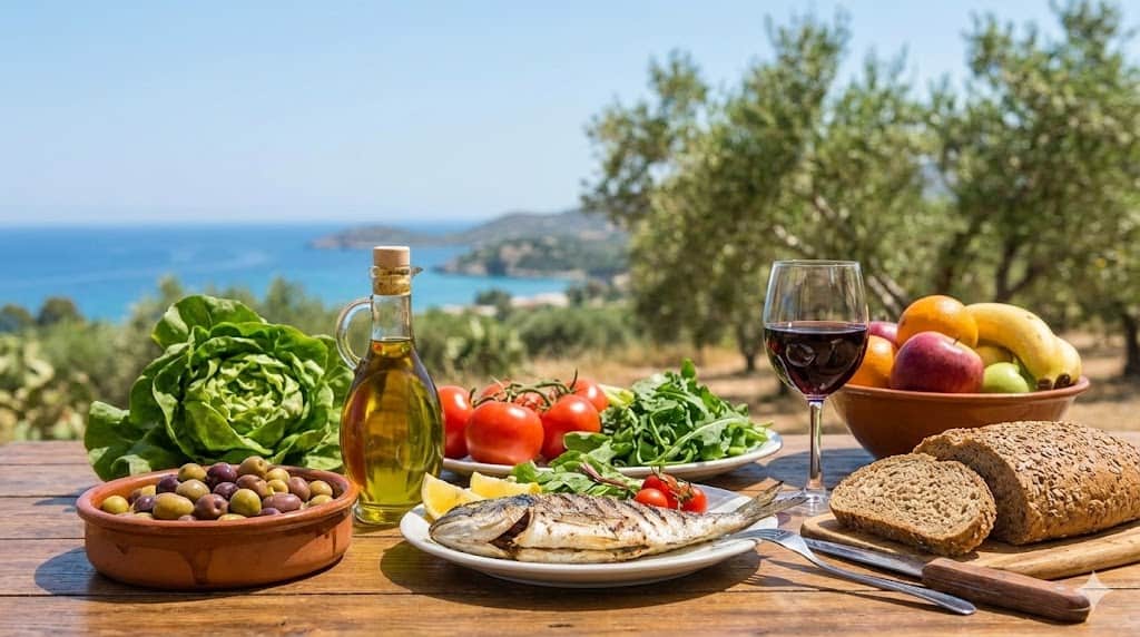 Ingrediente specifice dietei mediteraneene: ulei de măsline, pește, legume și fructe proaspete.