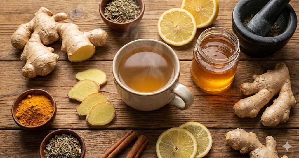Ceai, miere, lămâie și rădăcină de ghimbir pe masă de lemn, ilustrând beneficii naturale.