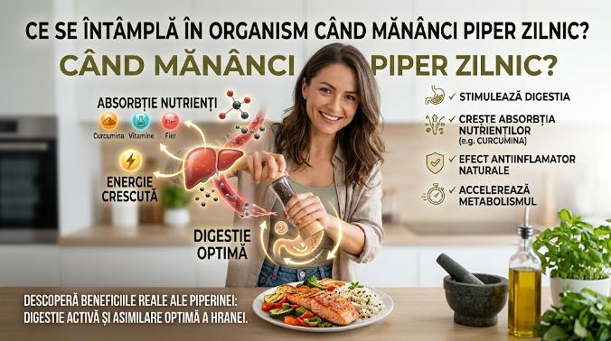 Femeie râșnind piper proaspăt peste mâncare sănătoasă și beneficii pentru digestie.
