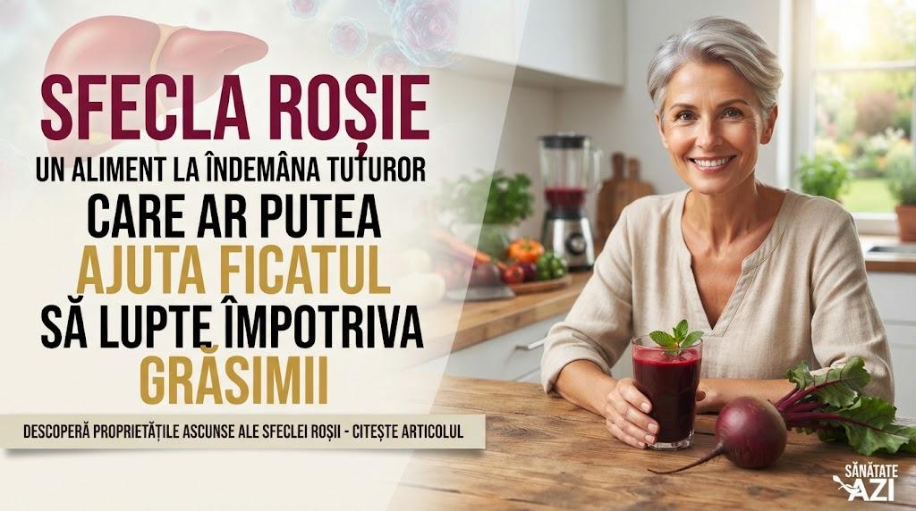 Femeie zâmbitoare ținând suc de sfeclă roșie lângă o sfeclă proaspătă, cu text despre sănătatea ficatului.
