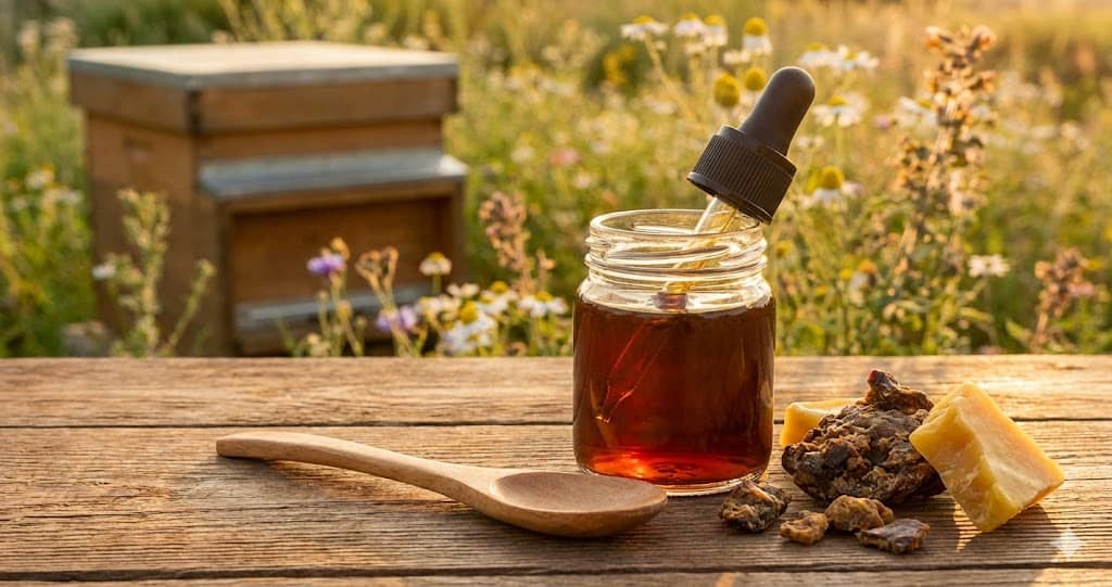 Sticluță cu tinctură de propolis și picurător, remediu natural apicol pentru diverse afecțiuni.