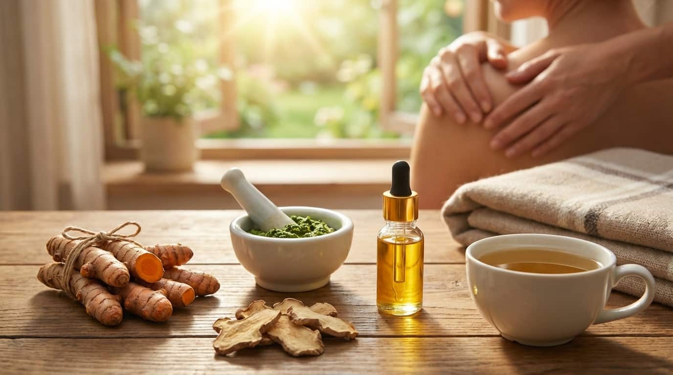 Rădăcină de turmeric, ulei esențial și ceai de plante pentru sănătate și relaxare într-un cadru natural.