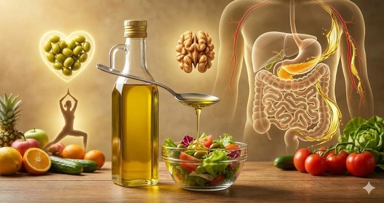 Sticlă de ulei de măsline extravirgin și măsline proaspete, esențiale pentru o inimă sănătoasă.