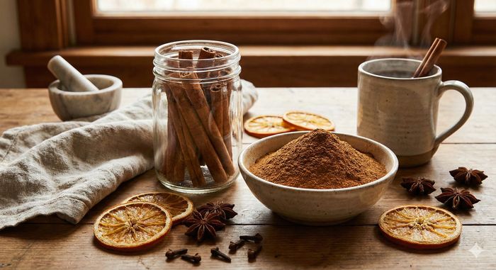 Batoane de scorțișoară și pudră aromatică așezate pe o masă rustică, ilustrând beneficiile naturale și proprietățile terapeutice ale scorțișoarei pentru sănătate.