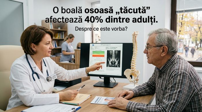 Ilustrație 3D a coloanei vertebrale umane iluminată, sugerând fragilitatea și boala osoasă tăcută.