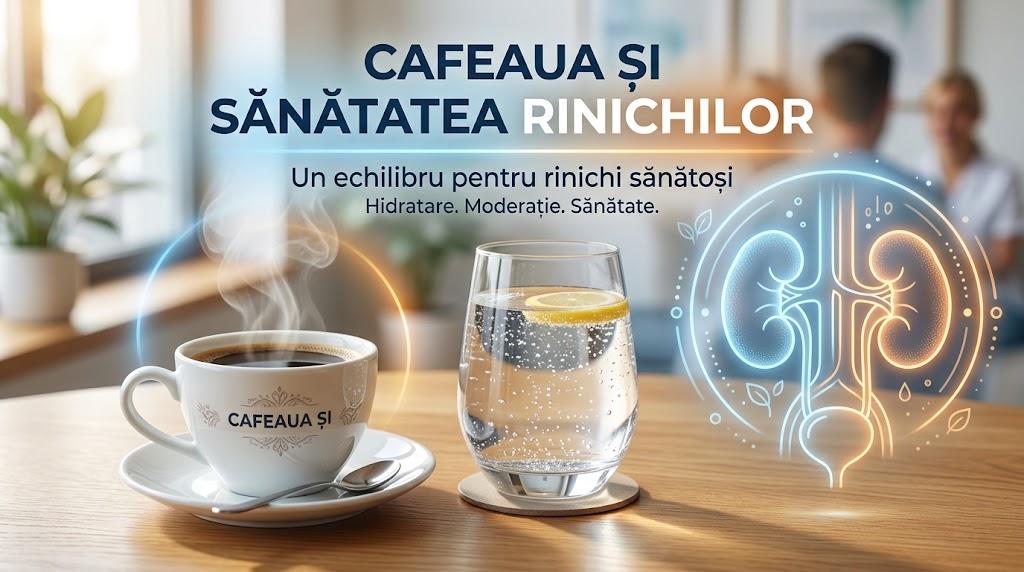 Ceașcă de cafea și pahar cu apă lângă o ilustrație cu rinichi sănătoși