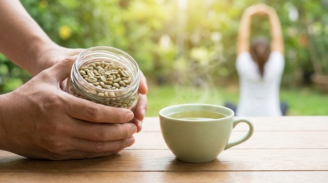 Boabe de cafea verde și cană cu infuzie pentru slăbit și detoxifiere, într-un cadru natural