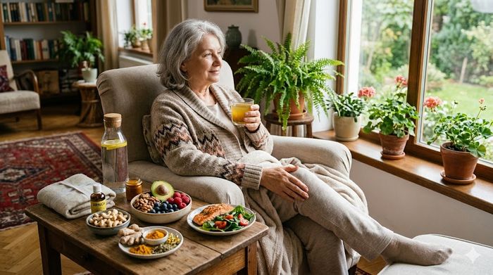 Femeie în vârstă în fotoliu, cu alimente antiinflamatoare și remedii pentru calmarea reumatismului acasă.